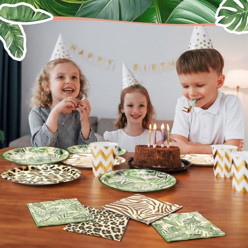 Image of Qinyoung 120pcs Safari Themed Plates Jungle Party Supplies Disposable Plates and Napkins Zoo Paper Tableware Set Baby Shower Decorations for Safari Picnic Wedding Tea Party