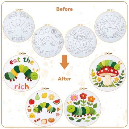Image of BEUNITONE 4 Set Embroidery Kits for Beginners with Easy Caterpillar Pattern, DIY Craft Kits Include Instructions and 2 Embroidery Hoops, Cross Stitch Needlepoint Kits for Craft Lover and Home Decor