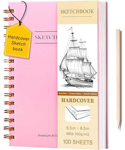 Yoment 5.5 x 8.5 Sketch Book Small Sketchbook for Drawing 100 Sheets Hardcover Spiral Sketch Pad for Kids(68lb/100gsm) Art Sketchbook Drawing Blank Paper Book for Beginner Artist with Pencil Pink