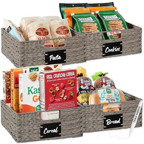 Best Choice Products Set of 4 13x12in Water Hyacinth Pantry Baskets, Woven Organizers w/Chalkboard Label, Chalk Marker - Gray