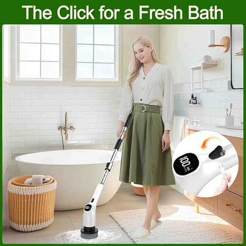 Image of Electric Spin Scrubber, Shower Scrubber with Long Handle Adjustable LCD Display, 2 Speed Shower Cleaner, 7 Replaceable Brush Heads Bathroom Cleaning Brush, Bath Tub Power Scrubbers White G3