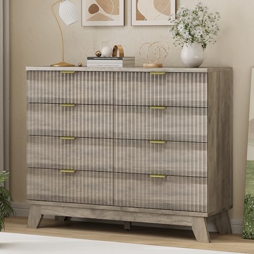 Image of Fluted Dresser for Bedroom with 8 Drawers, 48 inch Wide Modern Chest of Drawers with Metal Handle, Wooden Dresser TV Stand, Wood Closet Clothes Storage Drawer Organizer for Living Room, Hallway, Grey
