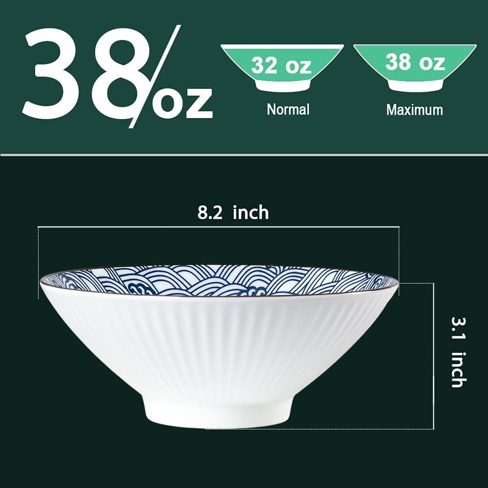 QINLANG Juego de 6 cuencos japoneses para ramen de 38 onzas, cuencos Pho Bowls, cuencos de sopa de cerámica azul y blanca de 8 pulgadas, patrón de ondas