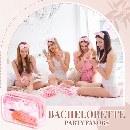 6 Set Pink Spa Party Favors for Women Travel Makeup Brush Bag Mini Hair Brushes Headband Scrunchies for Sleepover Bachelorette Wedding Bridal Shower Party Supplies Bridesmaid Gifts4