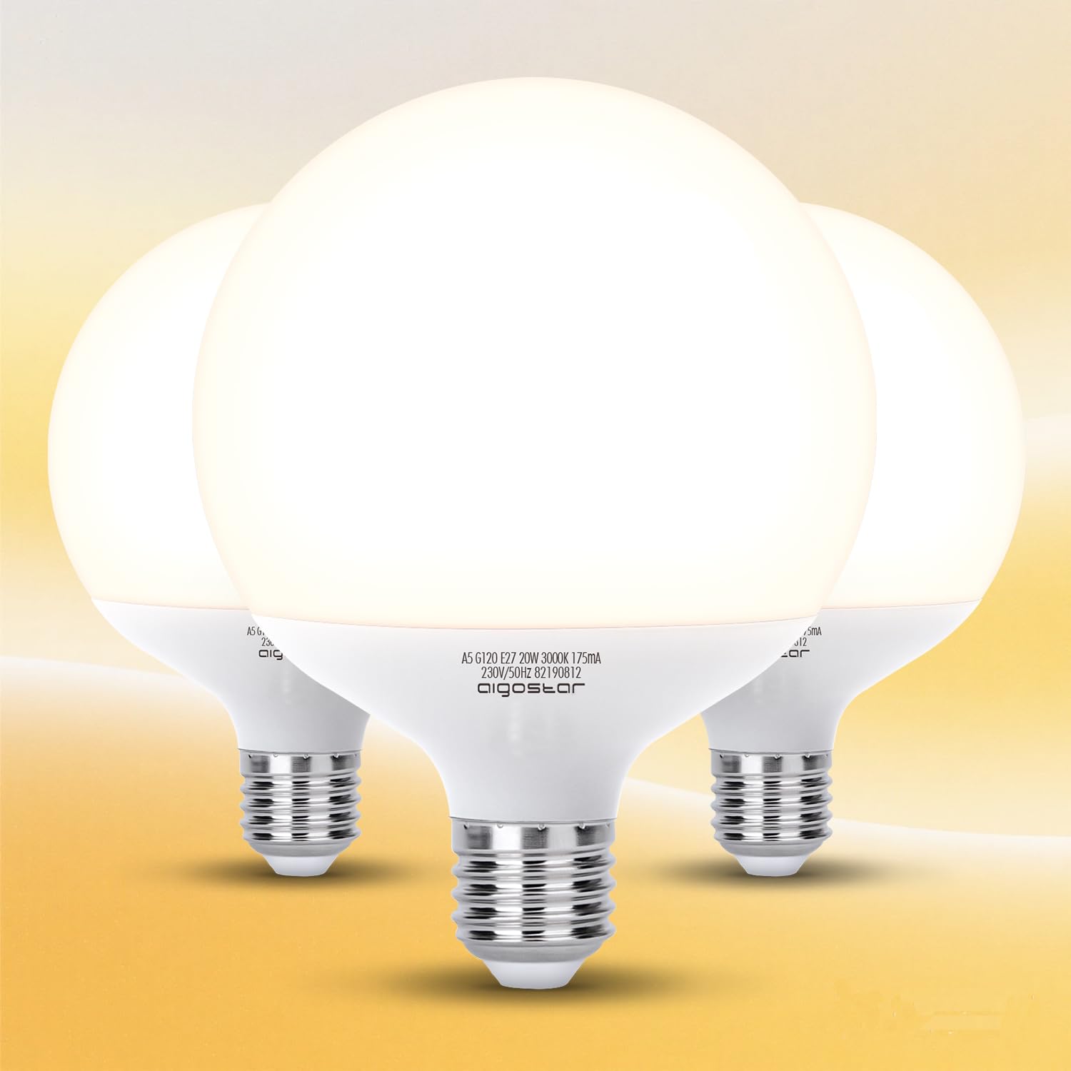 Aigostar Lampadina LED E27 G120 20W (Equivalente a 129W), Blanc Chaud 3000K, 2060 Lumen, CRI＞80, Angolo del Fascio di 180 Gradi, Non Dimmerabili, Pacco da 3