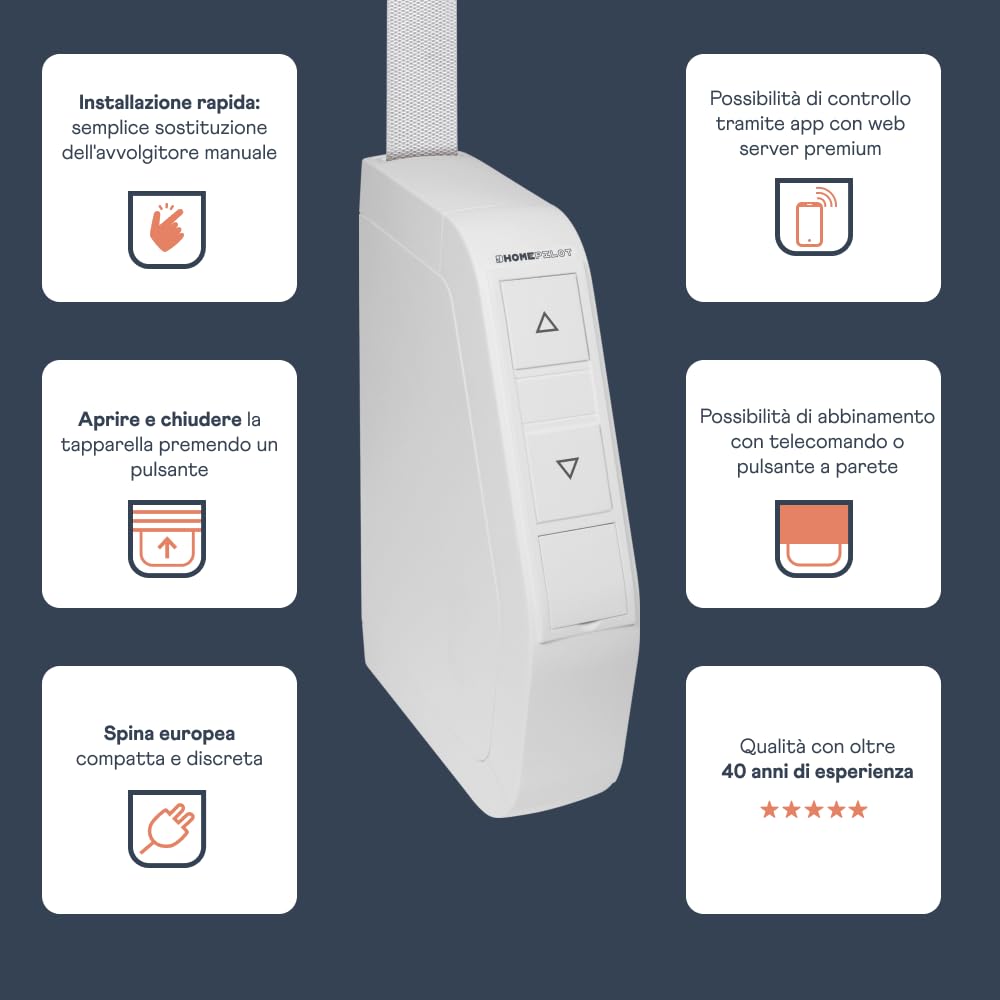 HOMEPILOT avvolgitore elettrico smart a parete RolloTron pure mini per tapparelle fino 30 kg (circa 5 m²), per cinghia da 15 mm (app, alexa, google tramite il web server domotico premium)