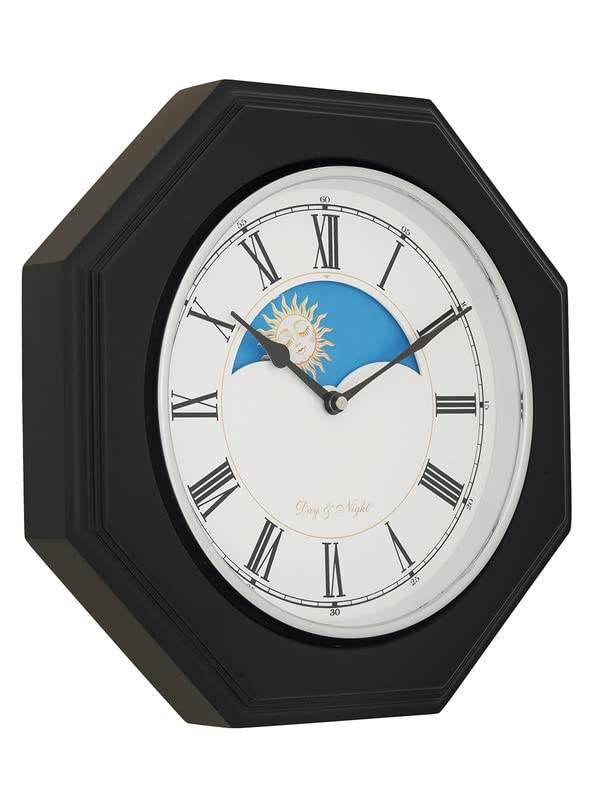Image of CHRONIKLE Unique Octagon Shaped Black Sunrise /Sunset Style Wooden Roman Figure Wall Clock with Sweep Movement (Size: 33.5 x 33.5 x 6.5 CM | Color: Black | Weight: 1535 grm)