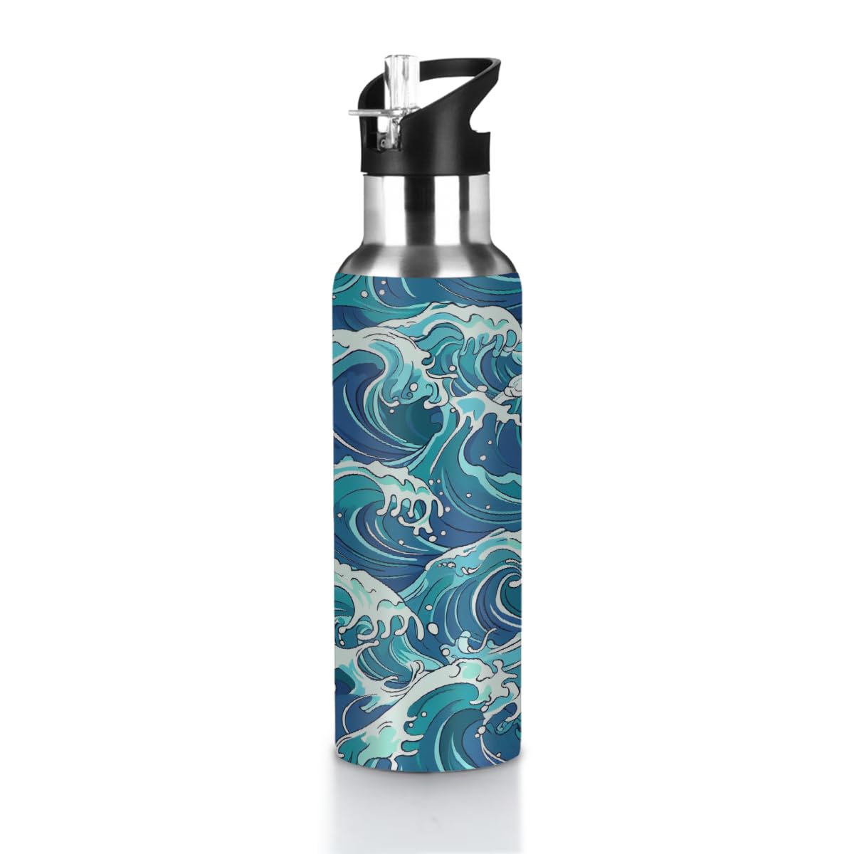 VQUVQV Blue Ocean Wave Pattern Insulated Stainless Steel Water Bottle with Straw for Sports and Travel, 600ml Leakproof Gym Water Bottles for Men Women