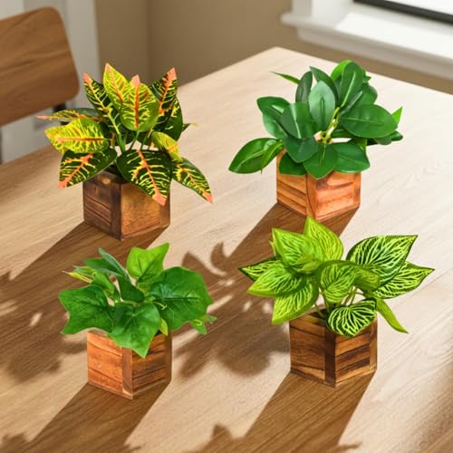 Image of DecoreBugs Artificial Leaves Potted Plants in Wooden Pot (4 Pack) Money Plant | Small Plants for Home Decor | Office Decor
