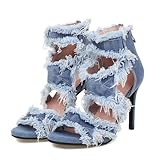 Bapolee Women's Open Toe Denim High Heeled Sandals Fashion Comfortable Ankle Strap Stiletto Shoes（9cm,8.5