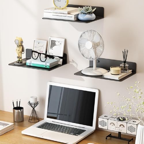 Image of OrganizeMee 30.5 x 21.5 x 4 cm Wall Mount Floating Shelf for Set Top Box, Metal L-Shaped Bracket with Cable Hole & 3 Screw Holes, (White)