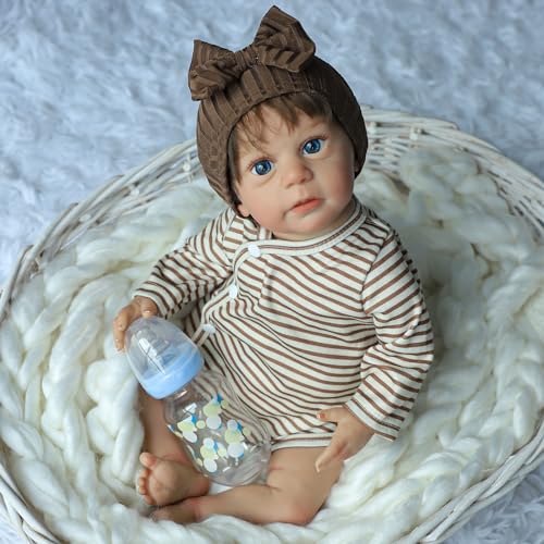 SCOM Lifelike Reborn Baby Dolls - Mika 19 inch Realistic Baby Dolls Boy Soft Cloth Body Brown Striped Clothes for Kids Toy Collection Age 3 and up