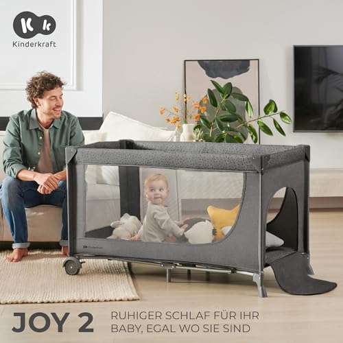 Kinderkraft Joy 2 Kinderbett, 2 in 1 Kinderreisebett, Babybetten, Kinderbett, Reisebett, Modernes Design, Kleine Abmessungen nach Zusammenklappe, Räder, Dunkelgrau