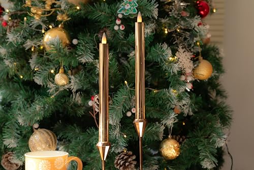 Image of Flameless Taper Candles Flickering with Remote and Timer, 3D Moving Flame Taper Candle Battery Operated to 400 Hours, 9 Inch Window Candles (High Shine Gold, Set of 2)