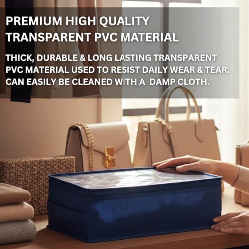 Image of Under Bed Shoe Storage Organizer Box with Clear Plastic Zippered Cover | Large Durable Rexine Travel Shoe Bag for Men & Women | Pack of 8 | Shoes, Slippers & Sports Footwear Storage (Blue)