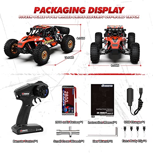 RIAARIO 1:12 RTR Brushless RC Desert Cars for Adults, Max 45MPH Fast RC Cars, Monster Truck with Independent ESC, 4X4 RC Truck for Boys, All Terrain Remote Control Car with Oil Filled Shocks(Red)