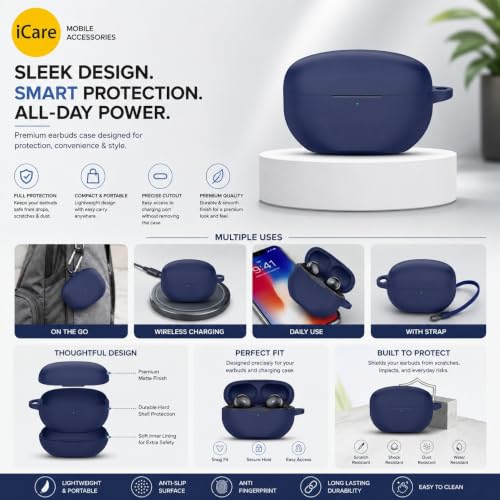 Image of iCare Soft Earphone Case Detachable Earphone Case Shockproof Silicone Earphone Cases for Sony WF-1000XM5 Long-Lasting Protection (Dark Blue)