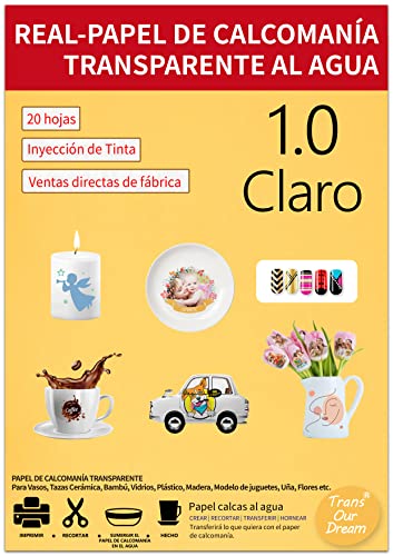 TransOurDream Real - Papel calcas de inyección de tinta Fácil de usar.Papel Calcomanía transparente al Agua (A4x20 hojas) Waterslide decal paper,Utilizado en vasos, velas, cerámica, etc.ES-6-20 Cover