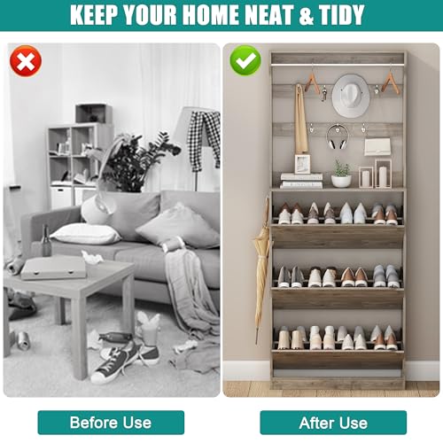 Image of Shoe Cabinet for Entryway with 3 Flip Drawers, Grey Tall Wood Shoe Storage Cabinet with Coat Rack, Narrow Hidden Slim Freestanding Shoe Rack Organizer, 2 in 1 Hall Tree for Living Room, Hallway