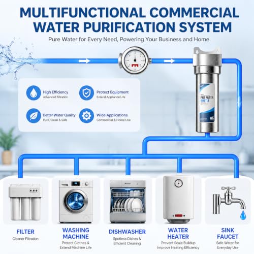 Image of Whole House Water Filter Housing, 304 Stainless Steel, Fits Standard 10 inch x 2.5 inch Sediment Filters, 3 /4 inch Brass Port Pre-Filter System for Well & City Water, Includes Wrench and 1 PP Sediment Filter