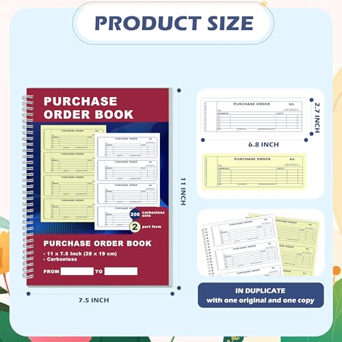 200 Sets Purchase Order Book 7.5 x 11 Inch 2 Part Carbonless Copy Spiral Bound Purchase Order Forms Receipt BookInvoice Book 100 Sheets for Small Business Office (1)