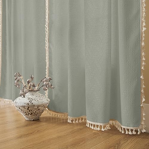 Image of Joydeco Greyish Green Boho Curtains 63 Inch Length 2 Panels Set, Boho Curtains for Bedroom Living Room, Super Soft Light Filtering Country Rustic Semi Sheer Farmhouse Curtains Rod Pocket
