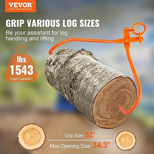 Image of VEVOR Log Skidding Tongs, 32 inch 2 Claw Log Lifting Tongs, Heavy Duty Steel Lumber Skidding Tongs, 1543 lbs /700 kg Loading Capacity, Log Lifting, Handling, Dragging & Carrying Tool
