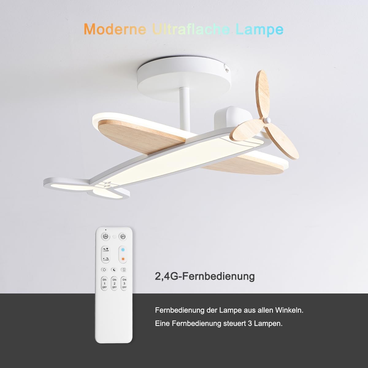 Plafón LED Techo Infantil Diseño Avión 53cm, con Hélice de Madera Giratoria, 40W 4000LM, Regulable 3000K-6500K, Lámpara Moderna con Mando a Distancia, Luz Nocturna y Temporizador