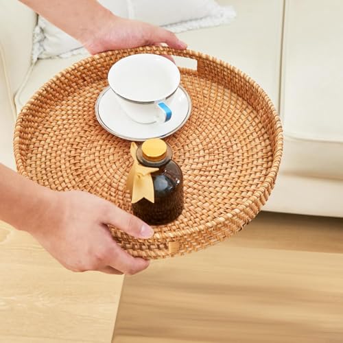 Rattan Serving Tray, 30cm/11.8 inch Hand Woven Rattan Round Tray with Handles,Fruit/Bread Decorative Wicker Basket - Cosy Home Interiors Rattan Serving Tray, 30cm/11.8 inch Hand Woven Rattan Round Tray with Handles,Fruit/Bread Decorative Wicker Basket - Image 5