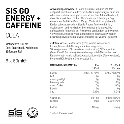Science in Sport GO Energy Gel + Koffein Gel 6 x 60ml Cola, Vegan - Gel mit 75mg Koffein & 22g Kohlenhydrate, Energie für Ausdauersportler
