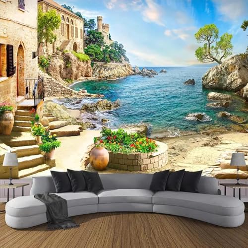 MIXUEXUNLU Papel pintado con foto 3d Castillo jardín vista al mar pintura de pared sala de estar sofá decoración de pared del dormitorio mural
