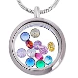 RUBYCA Living Memory Glass Locket Necklace 12 Round Crystal Birthstones Floating Charms Silver Tone