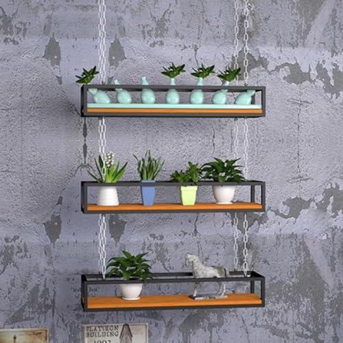 WBJGUOD Hanging Shelves for Plants & Flowers Ceiling Storage Rack with Chain Metal Frame Wooden Wine Living Room Kitchen Balcony Bar (80x25x15cm)