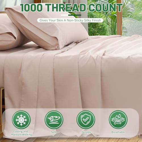 Image of 100% Egyptian Cotton Sheets King Size 4PCS 1000 Thread Count Sateen Weave Soft Breathable 16-Inch Deep Pocket (King,Dusty Pink)