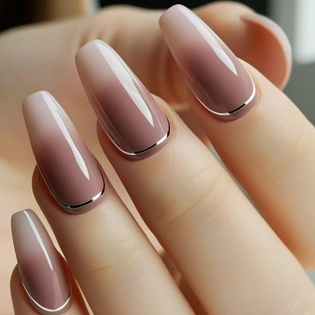 24Pcs Coffin,Ballerinas Omber Fake Nails Glossy Gradient False Nails Acrylic Glues on Nails for Women