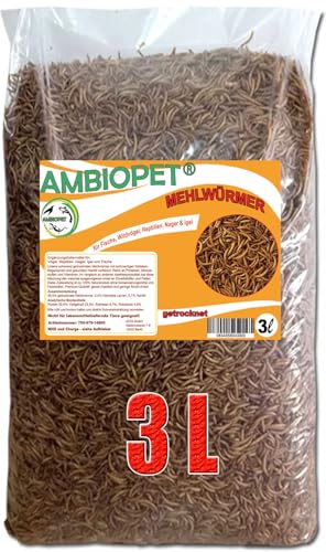 Ambiopet getrocknete Mehlwürmer in 3L Abpackung Protein- und fettreich verfeinert und gesiebt für Fische Nager Vögel Reptilien auch Koifutter oder Igelfutter