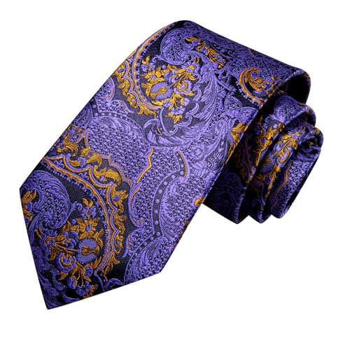 Image of Hi-Tie Paisley Floral Ties Set for Men Silk Mens Stripes Necktie Pocket Square Cufflinks Set Formal Business