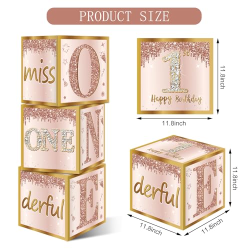 Image of Guiruiy 3Pcs 1st Birthday Boxes Decorations for Girls - Pink Rose Gold Miss Onederful Boxes, One Year Old Girl Birthday Theme Cardboard Balloon Box Decor