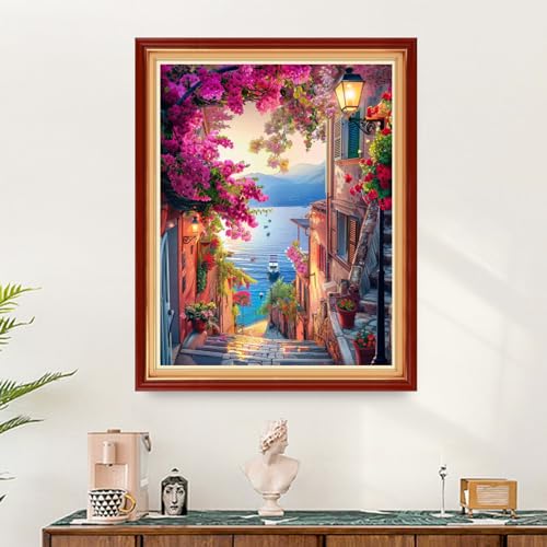 Image of Findvoor Stamped Cross Stitch Kits for Beginners Full Range of Cross Stitching Embroidery Pattern for Adults, 11CT DIY Needlepoint Embroidery Starter Kits-Seaside Flower Street 16x20 inch