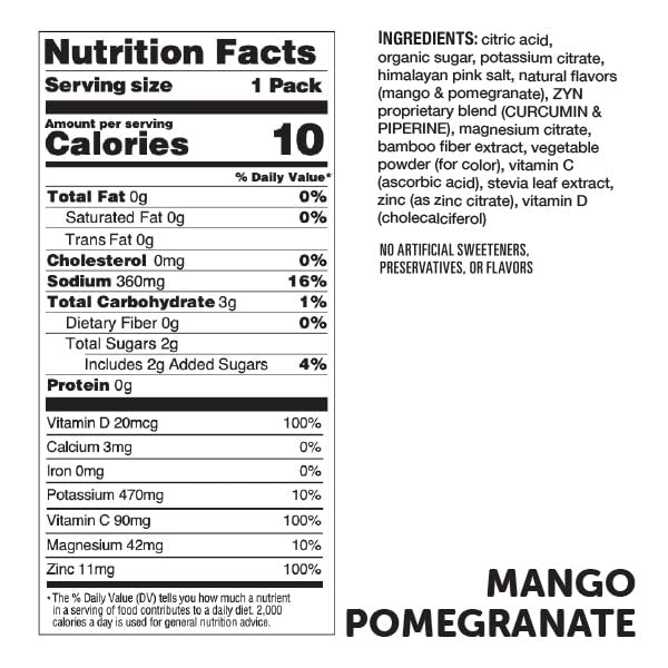 ZYN Electrolyte Hydration Drink Mix (30 Servings), Mango Pomegranate Electrolytes Powder, Hydrating Formula w/Turmeric Curcumin, Vitamin C & D,... - Image 6