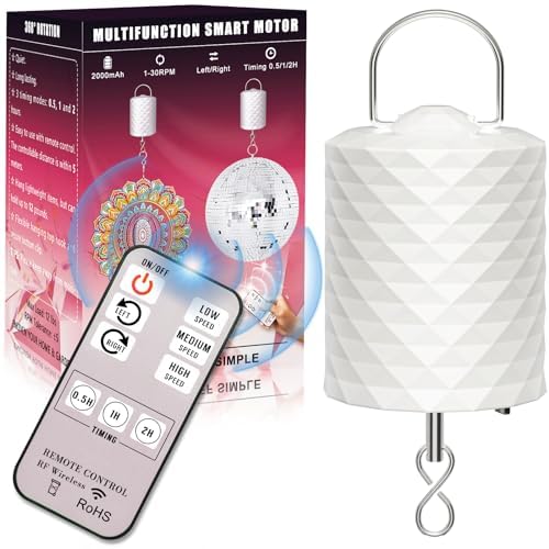 Disco Ball Motor with Remote, 1-30 RPM 3 Speeds & 2-Way Rotation, 0.5/1/2H Timing, 12LBS Capacity for 6"-20" Mirror Ball, Operated Slow Control Wind Spinner Chime for Mobile Decor