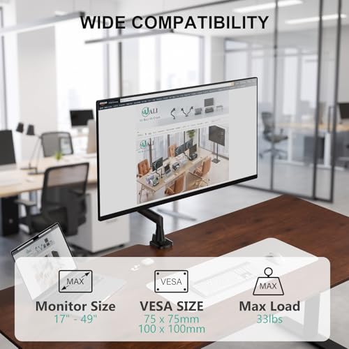 Image of WALI Ultrawide Single Monitor Arm for 17-49 inch Curved Screen, up to 33lbs | Heavy Duty Monitor Desk Mount, Full Motion with Tilt, Swivel, Rotation, C-Clamp /Grommet Base, VESA 75 /100mm (GSM001XLN),Black