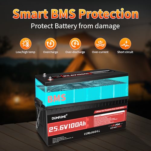 Image of 2 pack Dumfume 12V 200Ah LiFePO4 Lithium Battery,2560Wh Energy,1280W Load,200A BMS & 95% Discharge Efficiency,15000+ Cycles for Solar RV Off-Grid Camping Home Backup