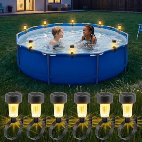 Lustaled 6-Pack Solar Pool Lights for Above Ground Pool Warm White Swimming Pool Lights with Adjustable Strap & Light Sensor Waterproof Pool Accessories for Frame Pools Fence Camping Garden Decor