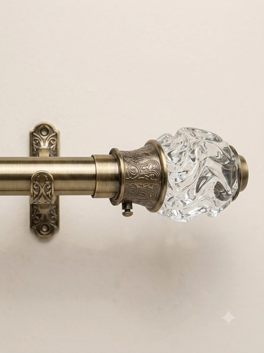 Crystal Glass Curtain Rod Finial with Antique Brass Finish Set of 2 | Ornate Engraved Base, Swirl Textured Glass, Decorative Finial, Window Treatment, Victorian Style-image-21