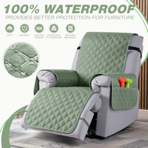 Image of TAOCOCO 100% Waterproof Recliner Chair Covers Reversible 22 inch, Sage Green | Recliner Protector with Leg Straps, Washable 1 Seat Reclining Chair Slipcover with Storage Pocket for Pets & Kids