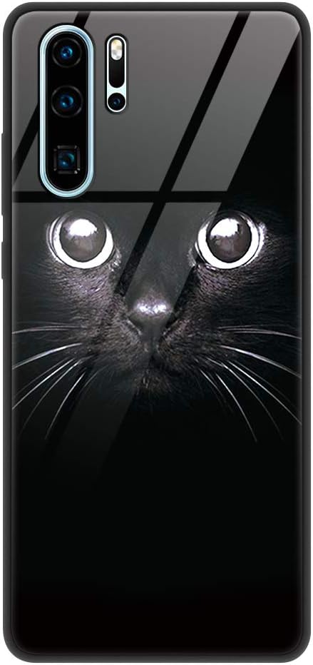 Eouine Huawei P30 Pro Case, [Anti-Scratch] Shockproof Patterned Tempered Glass Back Cover Case with Soft Silicone Bumper for Huawei P30 Pro Smartphone (Black Cat)