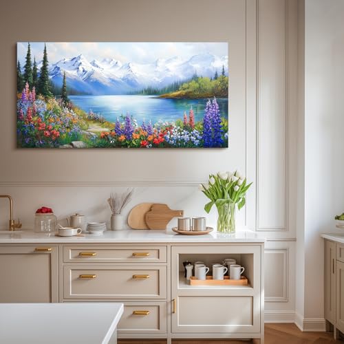 crmotu Lake Wildflowers Large Wall Art, Snow Mountain Forest Wall Decorations, Nature Landscape Canvas Art Prints, Rustic Bright Pictures Wall Decor Living Room Bedroom Farmhouse Kitchen 30x60 Inch