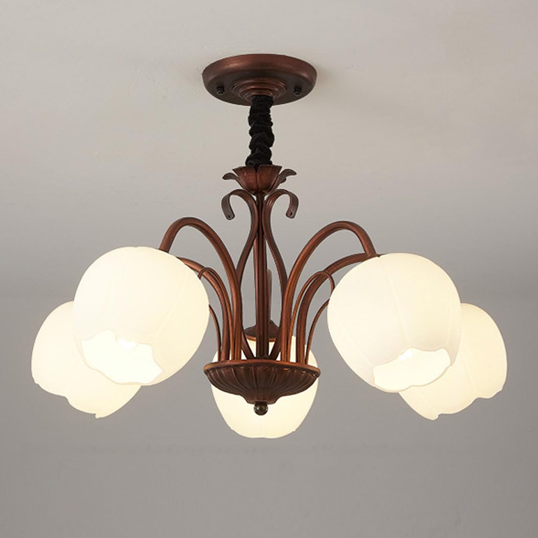KXEcoLife E27 retro simple country chandelier, American glass ceiling lamp, bedroom for master and living room Dining lighting,5 heads