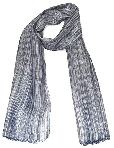 100% Pure Linen Scarf, IKAT Weave in Melange Stripes, Linen Scarf. (Denim)